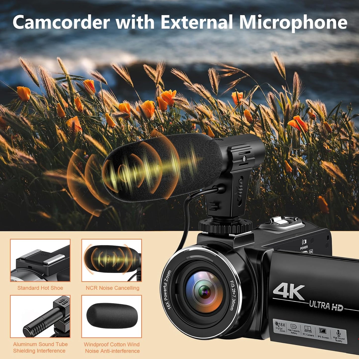 4K Camcorder Ultra HD 44MP Vlogging Camera with 18X Zoom and External Mic T29122