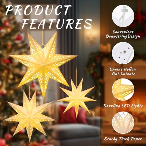6 Pcs Christmas Paper Star Lanterns with LED Light, Hanging Ornament for Indoor Outdoor Decor E70047