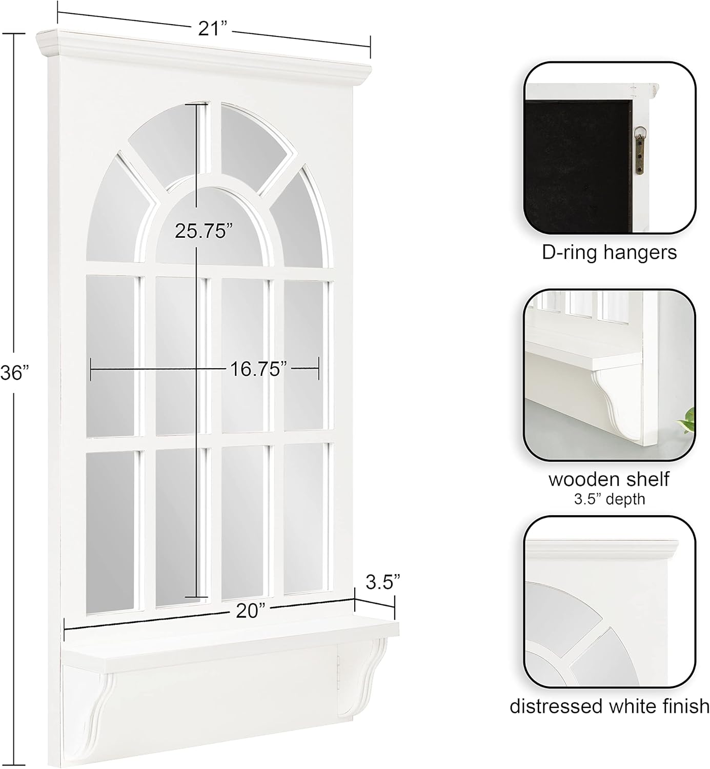 Arched Wall Mirror with Shelf, White, 21 x 36 Z141328
