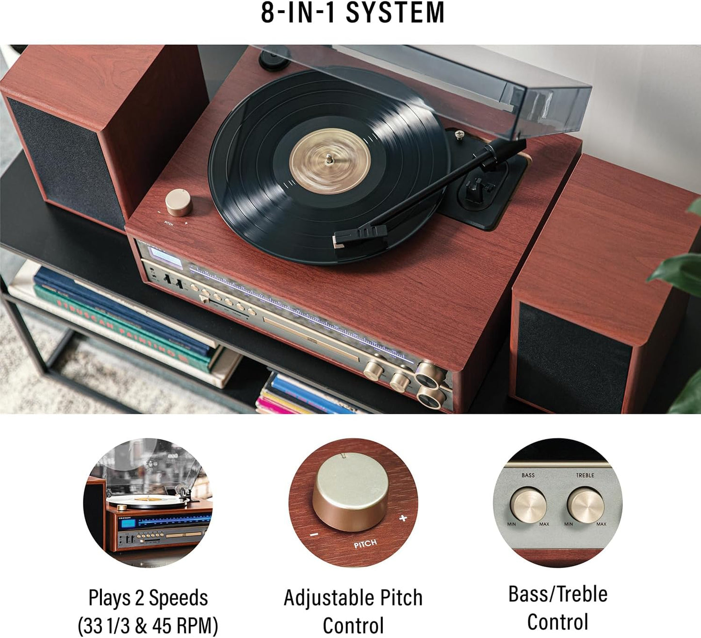 Turntable System with Bluetooth, CD, AM/FM and Speakers, Walnut J8070