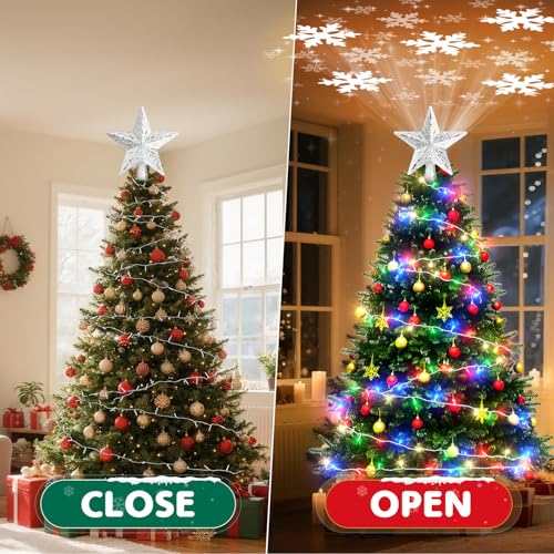 Christmas Tree Topper Lighted with 6 Projection Slides, Snowflake LED Rotating 3D Glitter Tree Topper O28849