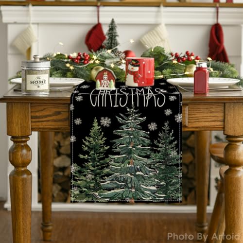Beige Pine Tree Snowflake Christmas Table Runner, Winter Holiday Kitchen Dining Table Decor, 13 x 72 Inch Z426