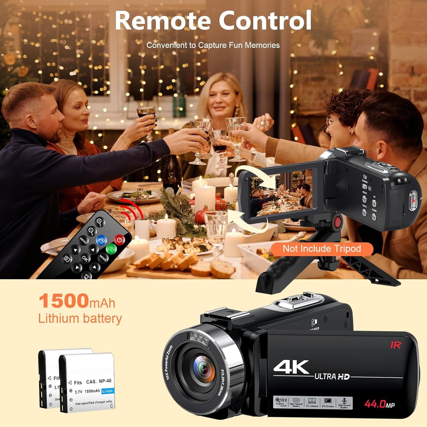 4K Camcorder Ultra HD 44MP Vlogging Camera with 18X Zoom and External Mic T29122