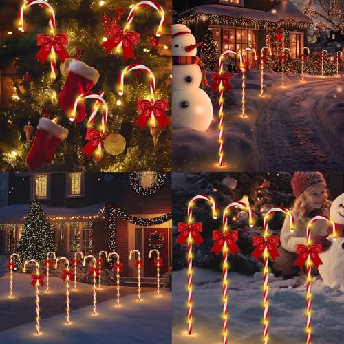 Christmas Solar Candy Cane Pathway Lights, 24PCS 240LED Outdoor Decorations with Red Bow Waterproof E437