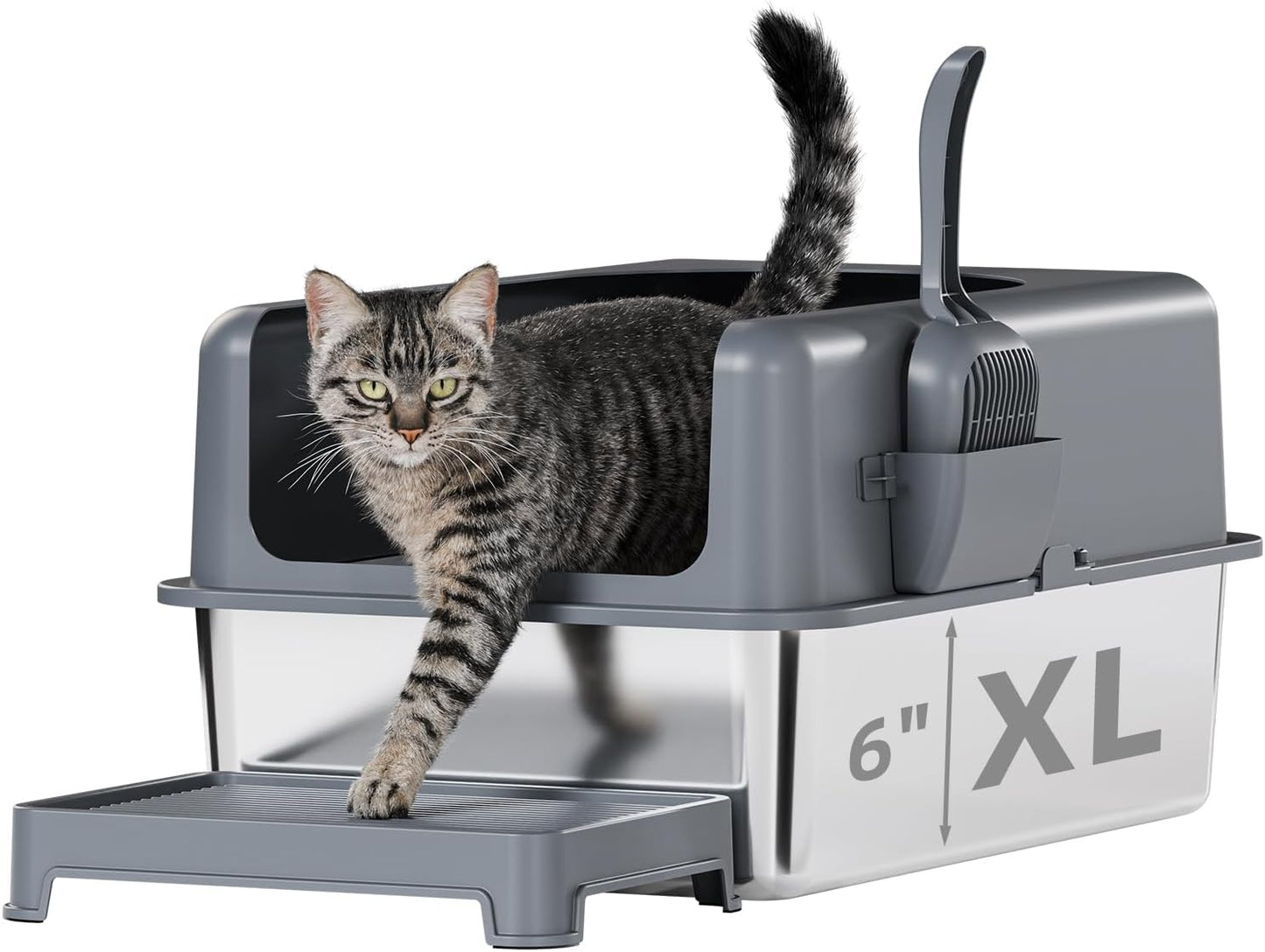 High-Sided Stainless Steel Cat Litter Box,Stainless Steel Litter Box with Lid,Extra Large Litter Box,Easy-to-Clean Metal Litter Pan for Cats (24''L X 16''W X 6''H with Scoop&mat)