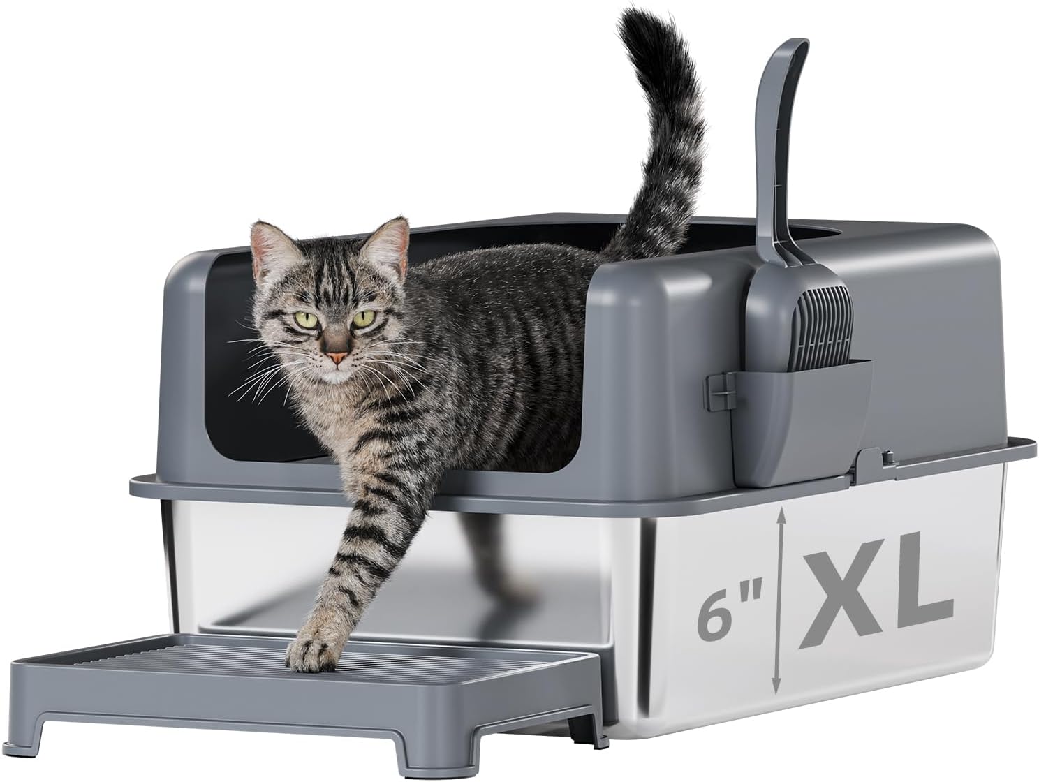 High-Sided Stainless Steel Cat Litter Box,Stainless Steel Litter Box with Lid,Extra Large Litter Box,Easy-to-Clean Metal Litter Pan for Cats (24''L X 16''W X 6''H with Scoop&mat)