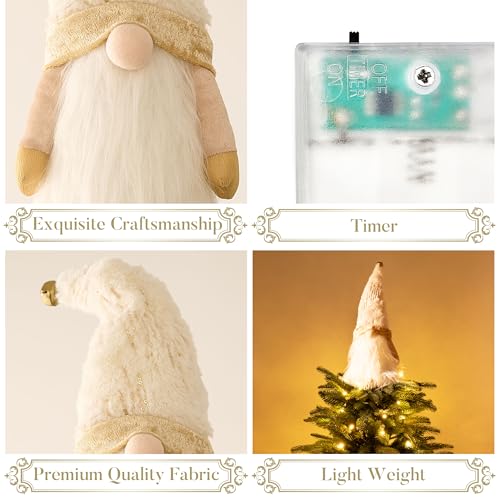 Lighted Christmas Tree Topper Gnome with Timer, 16.5 Inch, White and Gold, LED Lights M99012