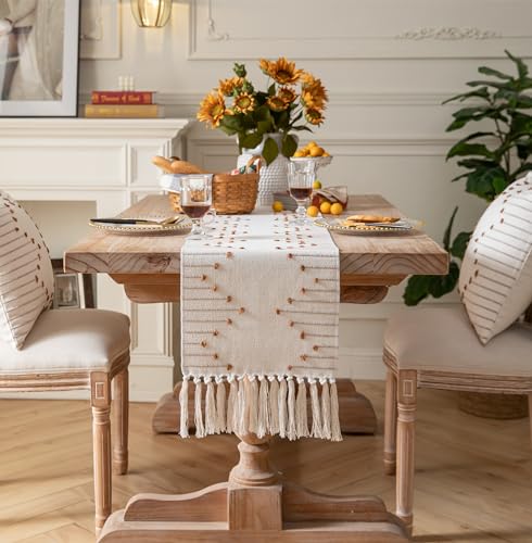 Christmas Table Runner 13 x 90 Inch Natural Cotton Woven with Tassels, Red and Beige U800