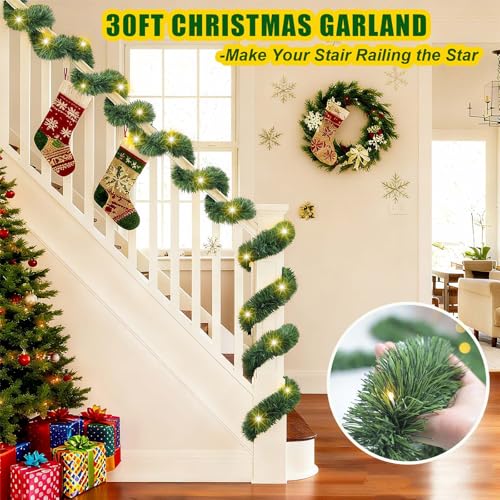 30ft Battery Operated Pre-Lit Christmas Garland with Timer J42811
