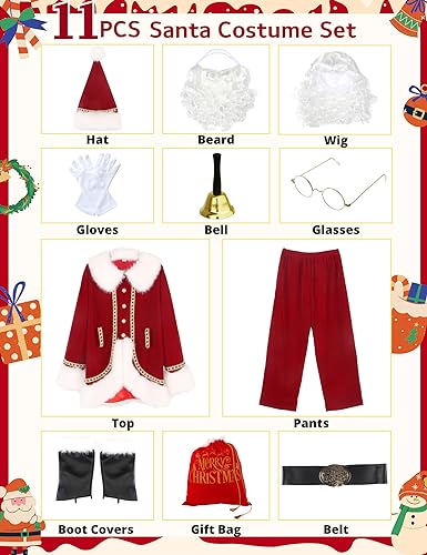 Men's Deluxe Santa Claus Costume 11pcs Red Adult Christmas Outfit H412