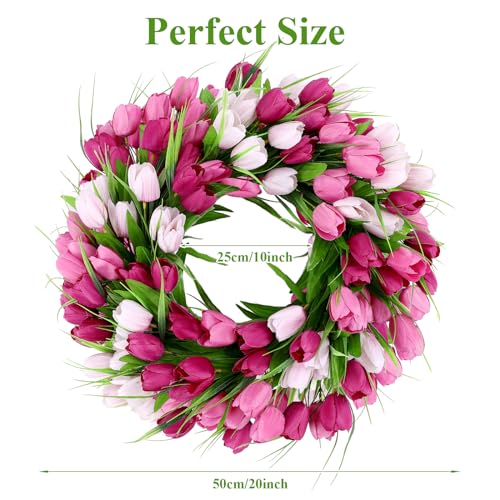 20 Inch Tulip Wreath with Green Leaves for Front Door Spring Summer Decor U547