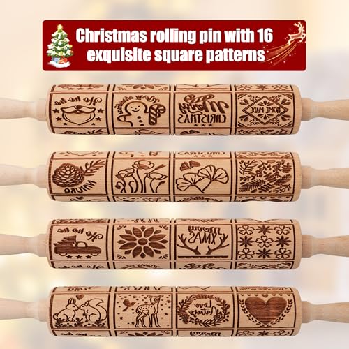 Wooden Rolling Pin for Baking with Christmas Embossed Designs, Includes Cleaning Brush O863