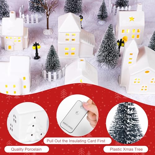 37 Pieces Porcelain Christmas Village Set with 6 Lighted Ceramic Houses and Remote Control LED Tealights B4638