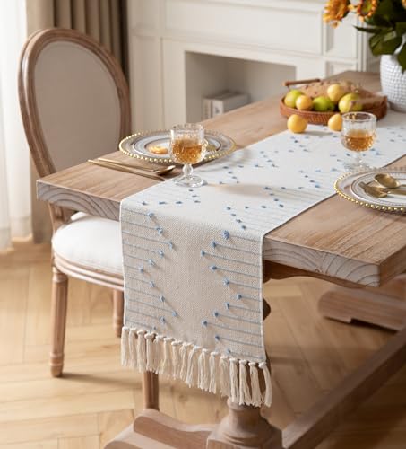 Christmas Table Runner 13 x 90 Inch Natural Cotton Woven with Tassels, Red and Beige U800