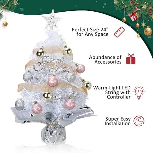 Mini Christmas Tree with 50 LED Lights 24 Inch Tabletop Prelit Artificial Tree J785647
