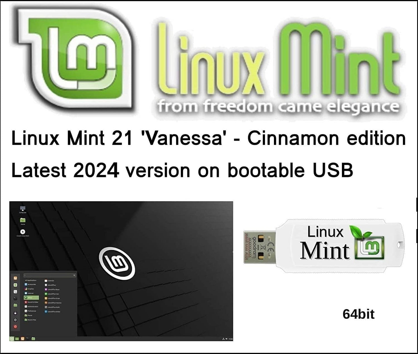 Linux Mint 21 Cinnamon New Latest Version for 2024 USB - 64bit