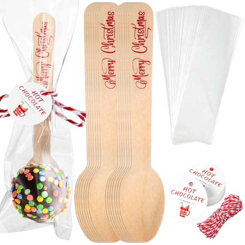 100 Set Christmas Wooden Spoons for Hot Cocoa, Chocolate, and Baking A7471