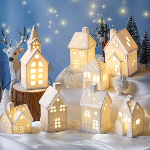 Ceramic LED Christmas Village Set with 8 Houses and 18 Trees C583