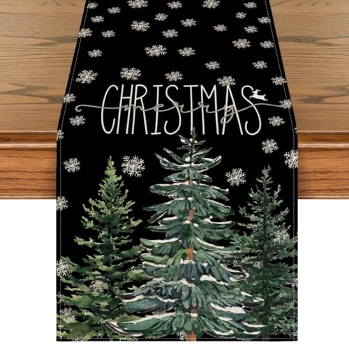 Beige Pine Tree Snowflake Christmas Table Runner, Winter Holiday Kitchen Dining Table Decor, 13 x 72 Inch Z426