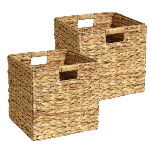 2 Pack 11.8 inch Wicker Storage Cubes, Water Hyacinth Baskets with Built-in Handles, Natural Foldable Square Baskets, Handwoven Storage Baskets for Shelves, Kitchen or Outdoor (Natural)