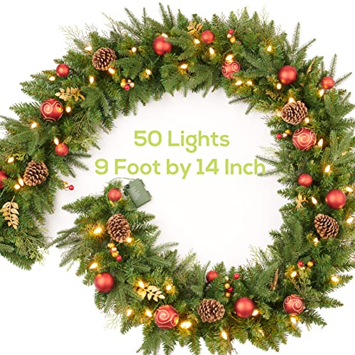 Pre-lit Christmas Garland 9ft with 50 LED Lights, Battery Operated I824