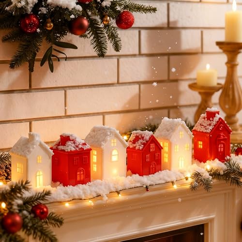 Ceramic Christmas Village Houses LED Lighted Set for Tabletop Mantel Decor D9921