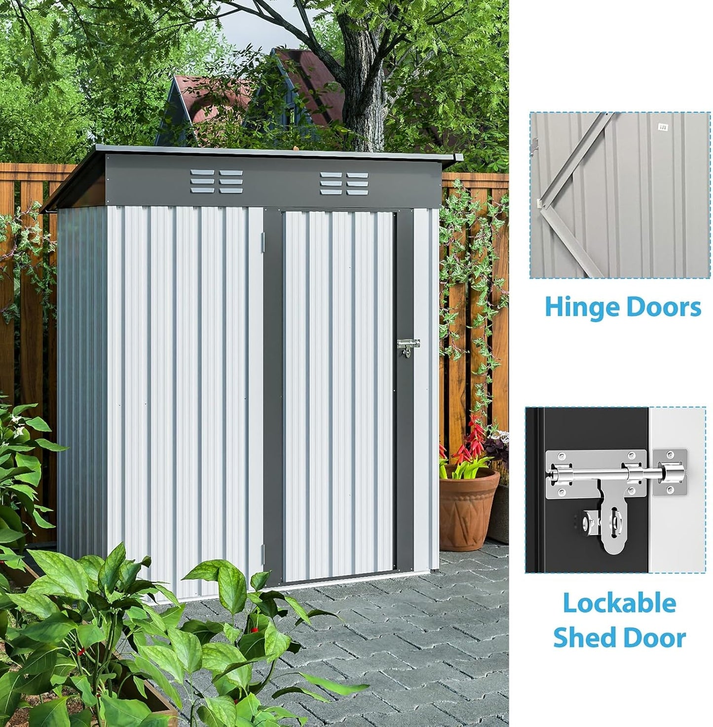 Outdoor Storage Shed, Galvanized Metal Garden Shed with Lockable Doors N58929
