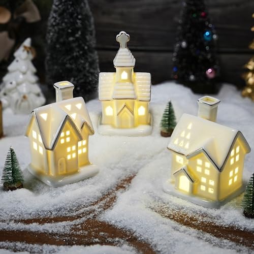 Ceramic Christmas Village Houses with LED Lights, 3 Pieces with Trees Y512