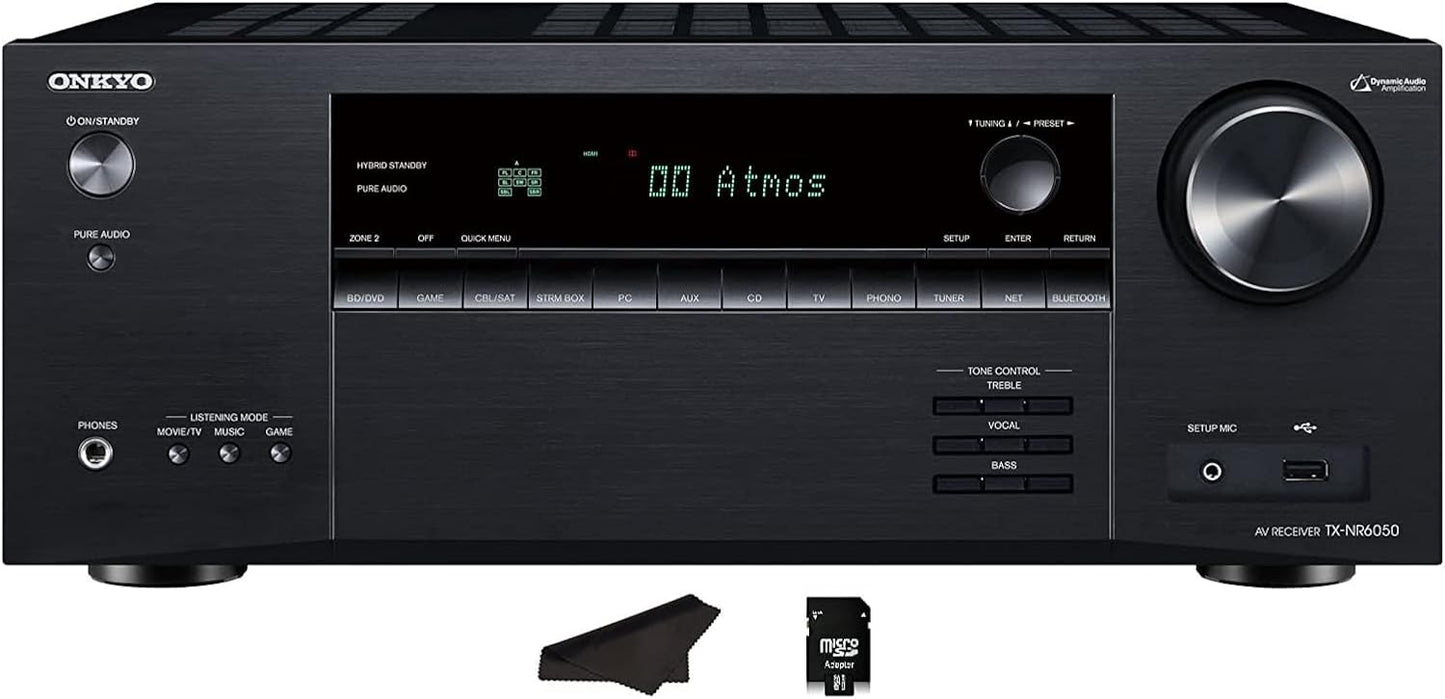 Onkyo TX-NR6050 + 7.2 Channel Network Home Theater | Smart AV Receiver | 8K/60, 4K/120Hz | 90W | HDR | VRR | DTS | Dolby Atmos | ALLM | QFT | Includes Kwalicable Micro SD Card & Cleaning Cloth