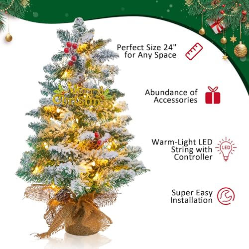 Mini Christmas Tree with 50 LED Lights 24 Inch Tabletop Prelit Artificial Tree J785647