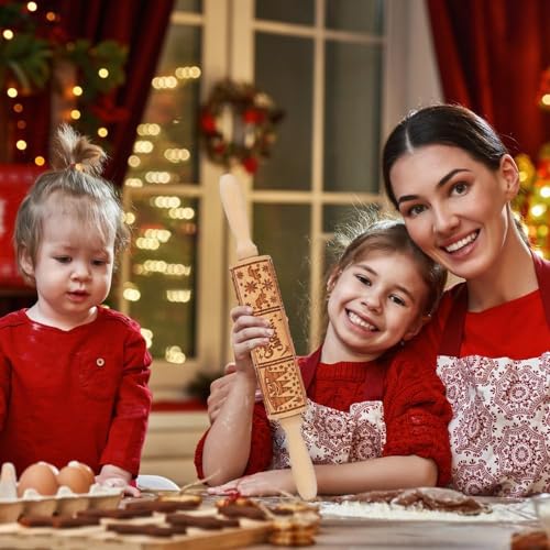 Wooden Rolling Pin for Baking with Christmas Embossed Designs, Includes Cleaning Brush O863