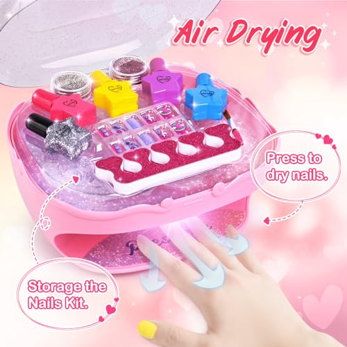 Nail Polish Kit for Girls Ages 7-12, Nail Art Studio with Pink Nail Dryer N565
