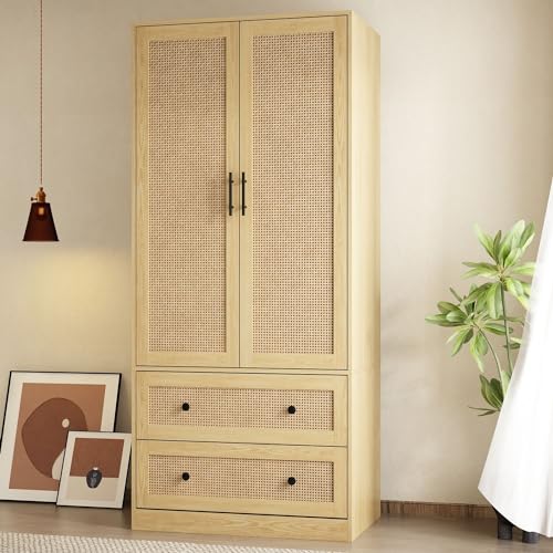 FAMAPY 2 Rattan Door Wardrobe Closet with 2 Drawers and Shelves, Farmhouse Armoire Wardrobe Closet with Hanging Rod, Black Metal Handles, Closet for Bedroom Oak (31.5”W x 19.7”D x 70.9”H)