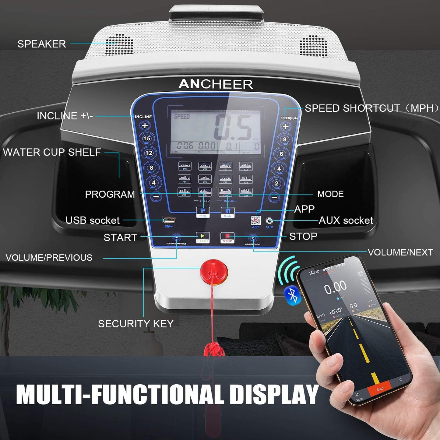 Folding Treadmill with Auto Incline and Bluetooth Speaker M2009