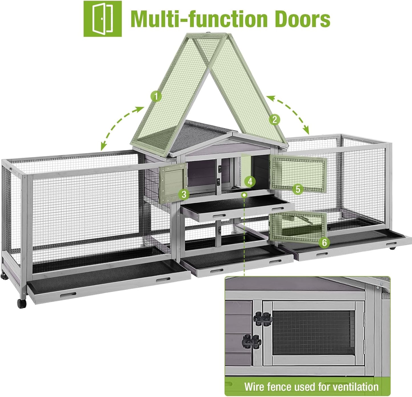 Large Rabbit Hutch Indoor Outdoor with Wheels and Pull Out Trays W3742