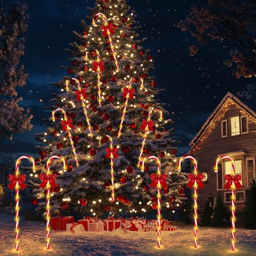 Christmas Solar Candy Cane Pathway Lights, 24PCS 240LED Outdoor Decorations with Red Bow Waterproof E437