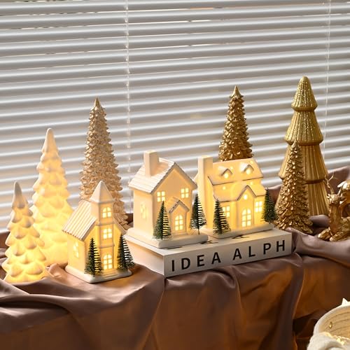 Ceramic Christmas Village Houses with LED Lights, 3 Pieces with Trees Y512