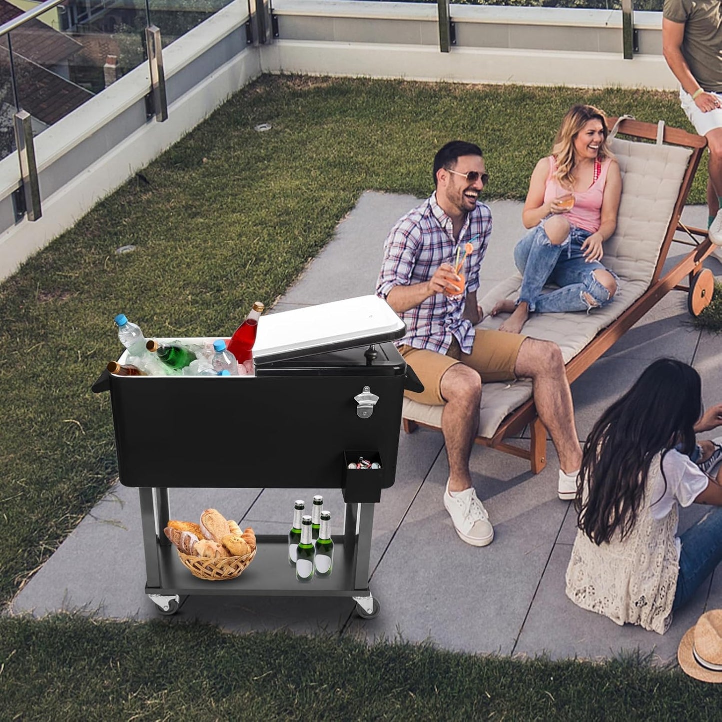 80 Quart Rolling Ice Chest Cooler Cart with Shelf and Bottle Opener J482570