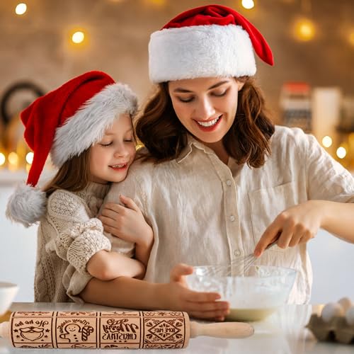 Wooden Rolling Pin for Baking with Christmas Embossed Designs, Includes Cleaning Brush O863