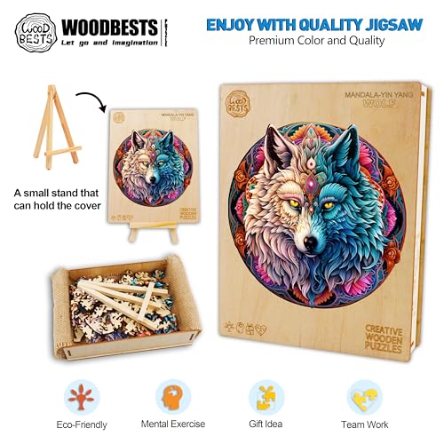 Wooden Puzzle for Adults, Mandala Yin Yang Wolf, 190 Pieces, Wooden Box P885352
