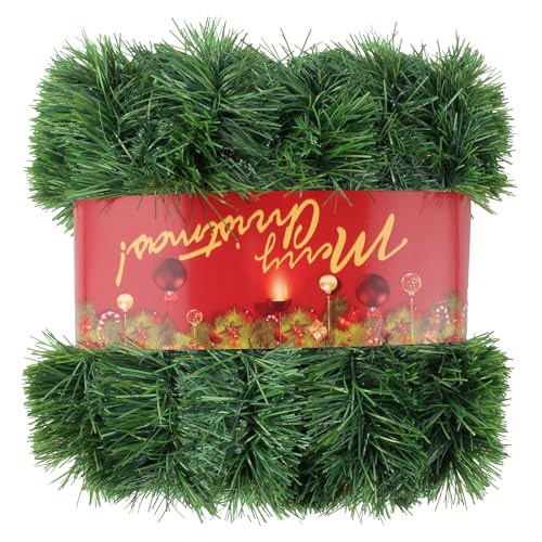 50FT Green Christmas Garland Decorations, Christmas Artificial Pine Greenery Garland Outdoor Indoor Decor, Straight Faux PVC Soft Garland for Stairs Railing Fireplace Window Mantle Home Party Decor