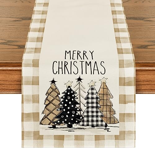 Buffalo Plaid Christmas Trees Table Runner, Winter Holiday Kitchen Dining Decor, 13 x 108 Inch A940