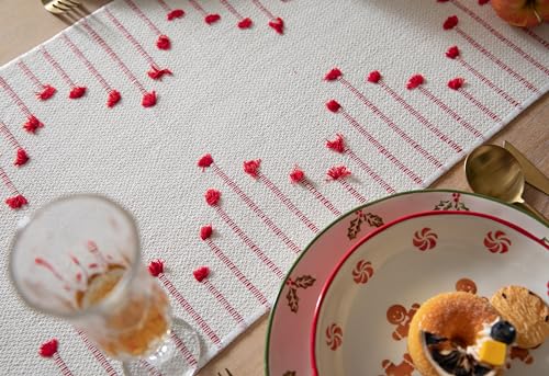 Christmas Table Runner 13 x 90 Inch Natural Cotton Woven with Tassels, Red and Beige U800