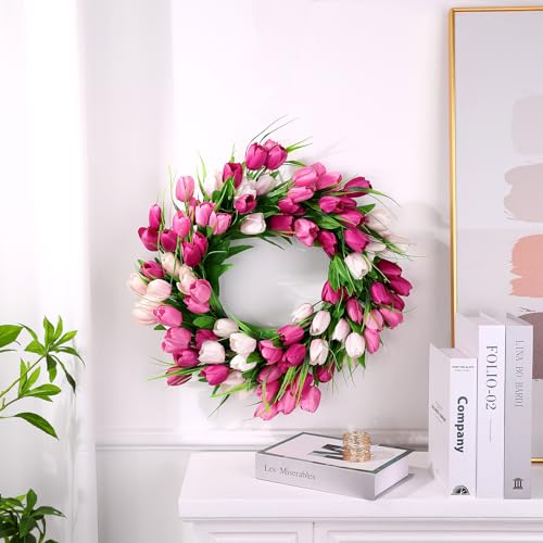 20 Inch Tulip Wreath with Green Leaves for Front Door Spring Summer Decor U547