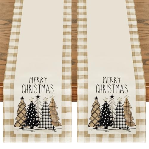 Buffalo Plaid Christmas Trees Table Runner, Winter Holiday Kitchen Dining Decor, 13 x 108 Inch A940
