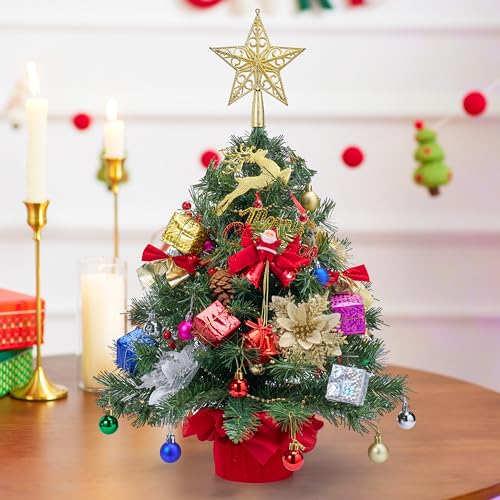 24" Mini Christmas Tree Tabletop Set with LED Lights and Ornaments V8406