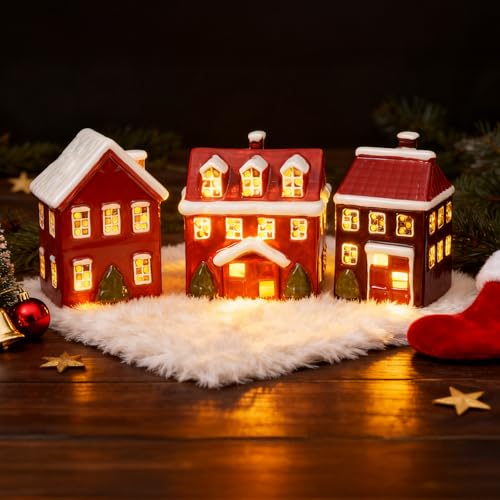 Ceramic Christmas Village Houses, Set of 3 Lighted, Hand Painted Indoor Decor C322437