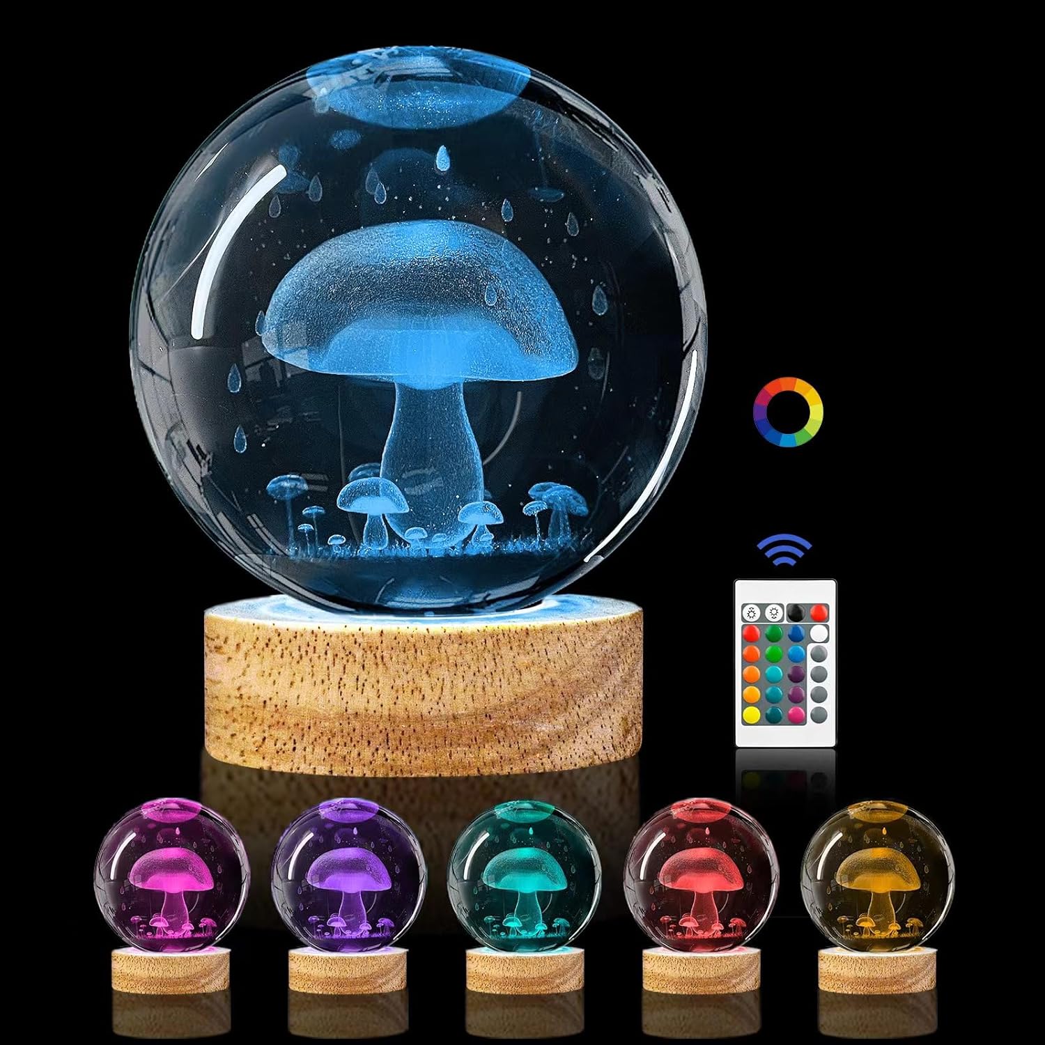 3D Mushroom Crystal Ball Night Light,3.15in k9 Crystal Ball Lamp with 16 Colors Change,Wooden Base and Remote Control Mushroom Decor Gifts for Kids