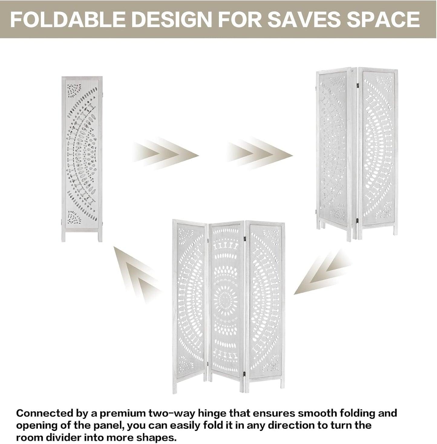 3 Panel Carved Wood Room Divider, 5.6ft Tall Folding Privacy Screen, White L96025