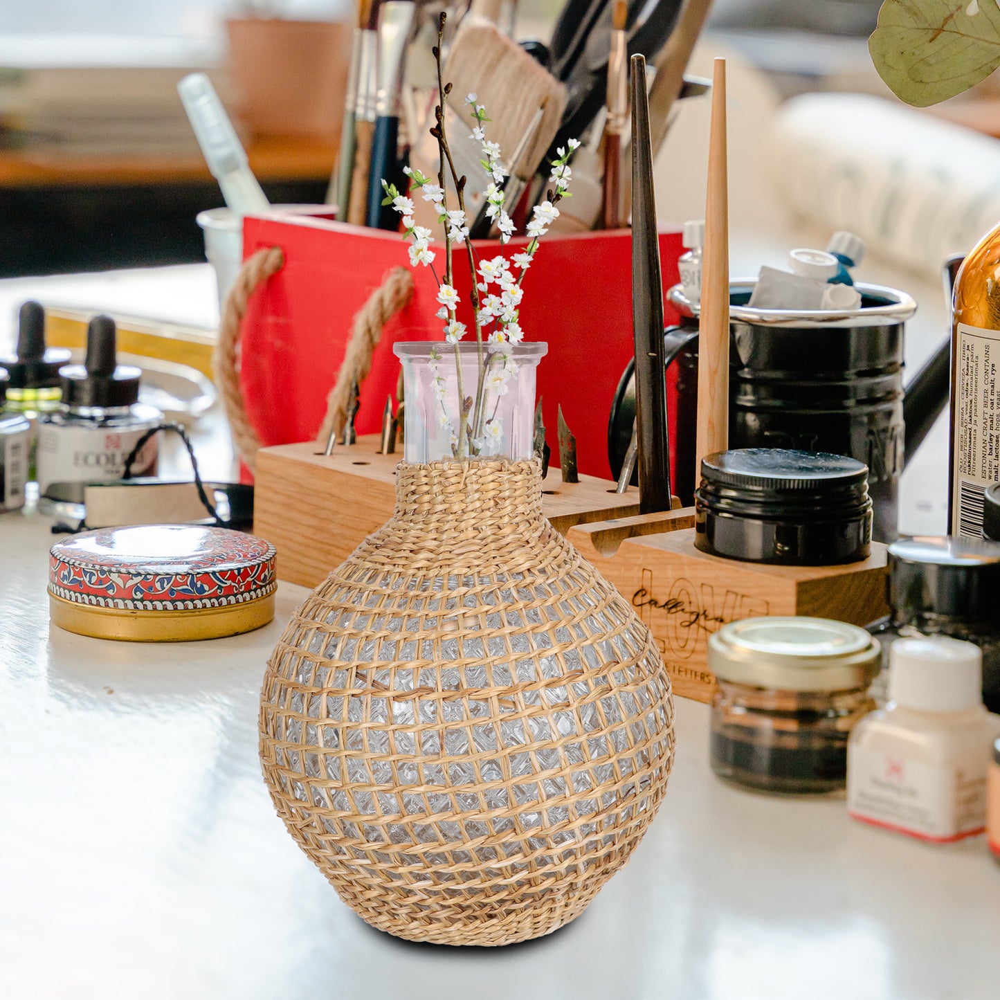 Rattan Glass Vase with Gold Terrarium Jar R58600